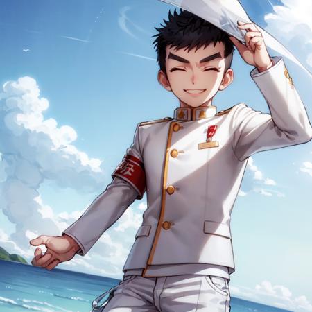 masterpiece, best quality, blue sky, freedom, summer, hat, happy, ((smile with eyes closed)), <lora:kiyotan_colab-14:0.5>, 1boy, thick eyebrows, red eyes, very short hair, white jacket, white_pants, long sleeves, armband,