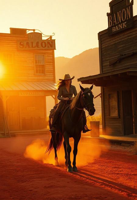 Photorealistic vintage-style scene of a lone cowgirl riding her loyal horse down a dusty red dirt road in a small Western town. The golden-orange flare of the setting sun glows through the haze of kicked-up dust, casting cinematic shadows and warm tones. On the left, a weathered two-story wooden saloon with a swinging sign creaks softly in the wind. On the right, an old bank with shuttered windows and a rusted rifle on display stands still. The atmosphere is tense, quiet, and gritty — like the opening scene of a classic Tarantino Western. The camera slowly pans, capturing lens flares, dust particles, and textures of aged wood and leather.
Style tags (add to prompt or metadata):
photorealistic, vintage film look, 1970s Western, cinematic lighting, golden hour, Tarantino aesthetic, film grain, shallow depth of field, dusty atmosphere, wide-angle, color-graded, retro tone
Negative Prompt: modern buildings, futuristic elements, clean textures, digital look, blurry face, anachronisms