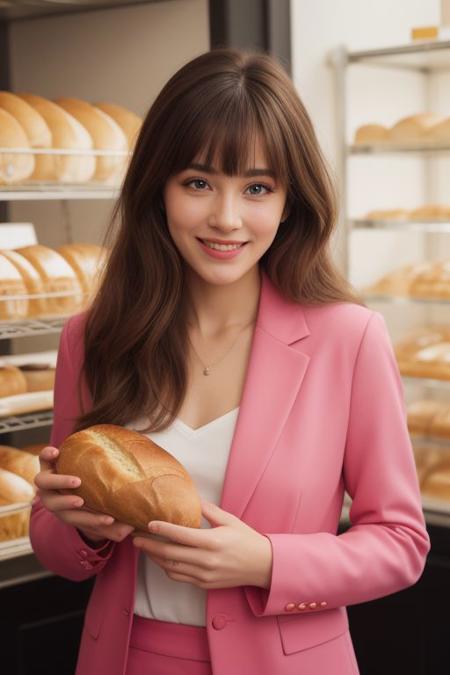 photo realistic, masterpiece, best quality, studio lighting, solo, jmc <lora:jennettemccurdyV01:1>, <lora:polyhedron_skinny_all:.3>, pink suit, holding a ((bread,puff)) (Urn) with ((two hands)) , light smiling ,  blonde highlights with bangs , bakery background,(looking at viewer, realistic eye and face details),film grain:1.5, Kodak Max 400 Film), (nsfw:1.2)