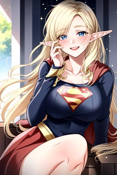 supergirl,masterpiece, best quality,1girl,solo,blonde hair, long hair, mature women, large breast, elf, pointy ears, smile , happy ,blush, sitting,head rest, looking at viewer, day<lora:supergirl:0.6>