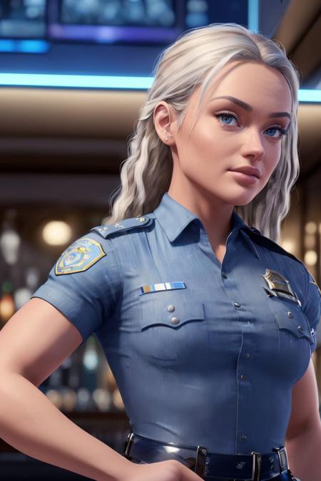 a photo of a beautiful S067_BaileyStewart, as a (police-woman), in a (bar), wearing a (police-uniform:1.1), (8k, RAW photo, best quality, ultra high res, depth of field:1.2), (absurdres, intricate, photorealistic, masterpiece, ultra-detailed, Unreal Engine:1.3)