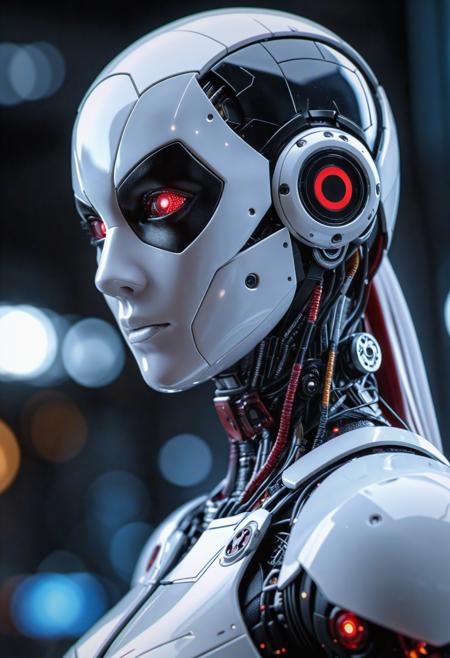 cybernetic robot (best quality, masterpiece, highest detailed), a beautiful woman, medium breasts, white deadpool suite, ultra-detailed, (official art, extreme detailed, highest details), photorealistic, intricate translucent energy details, bokeh, detailed face, detailed eyes, HDR+ 8K, over the shoulder shot,side view,mystical cimmeria . android, AI, machine, metal, wires, tech, futuristic, highly detailed