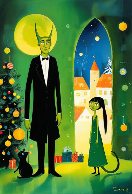 masterpiece,best quality, illustration, style of Rosina Wachtmeister, two persons, (Shrek and Santa Claus)