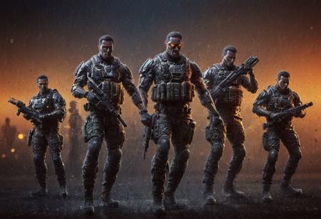 A group of elite mercenary warriors equipped with the latest weaponry and advanced technology, dressed in sleek, modern armor, ready for combat. They represent a diverse range of specialties including three robots, one medic, one machine gunner, one sniper, one battle mage, and one engineer. They stand together in a dynamic composition, each figure poised in a distinctive action pose, with a colorful, detailed background that complements their advanced equipment. Masterpiece, high quality, colorful background, different poses, different armor, different weapons, action poses, 4k, grenade launcher, machine-gun, assault rifle, sniper rifle