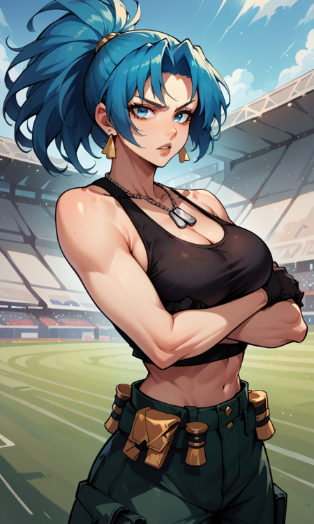 blue hair, ponytail, blue eyes PonyLeona, black tanktop, triangle earrings, midriff, cleavage, black gloves ClassicLeona, green top, shorts, military uniform, midriff HeidernLeona, green jacket, underboob, garrison cap, eyepatch, thigh strap