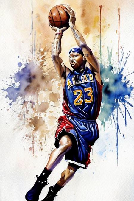 <lora:wcolors:0.5> watercolor, detailed basketball picture photo allen iverson criss cross style