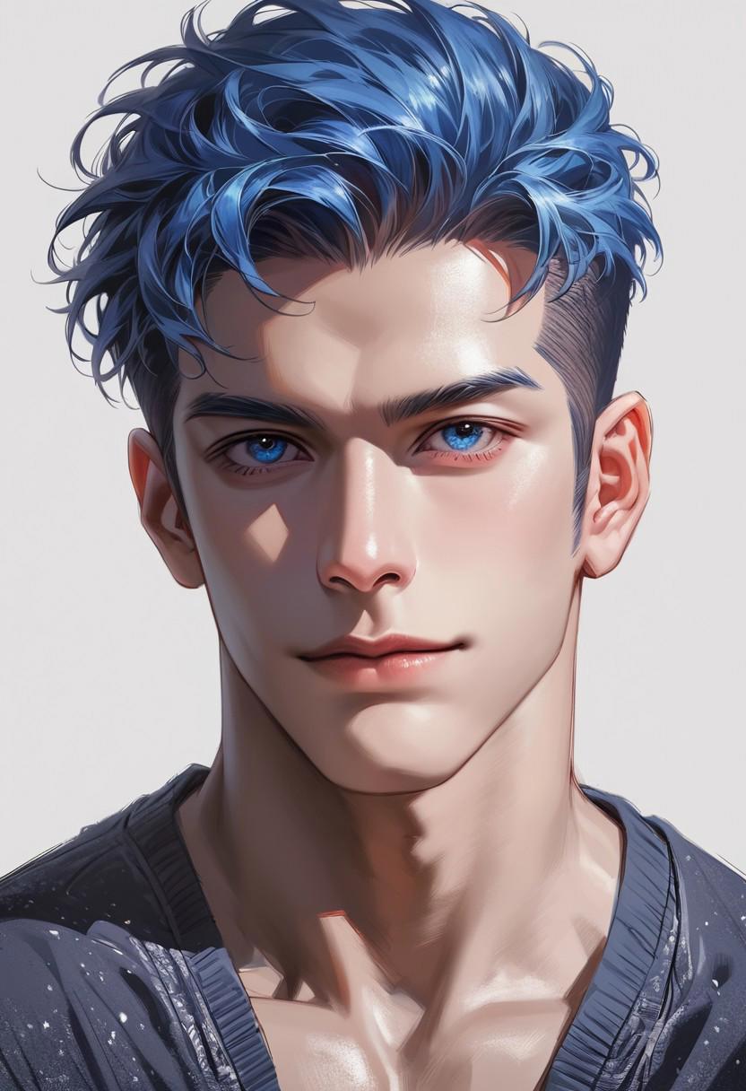 1boy, male, male focus, mature male, handsome, masculine, smile, dark blue hair, short hair, dark blue eyes, muscular body, front view, looking_at_viewer, standing, clothes, 2 colors ((white, blue)), white background, Beautiful eyes, perfect eyes, ultra-detailed eyes, detailed face, perfect face, ultra-detailed face, detailed, ultra-detailed, basic_background, dark background, blue ink, sketch, monochrome, score_9, score_8_up, score_7_up, score_6_up, score_5_up, score_4_up, BREAK, rating_explicit, Intricate Details, Best Quality, high quality, masterpiece, detailed_eye_model, Eyes, expression,