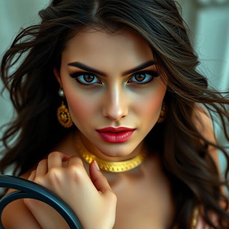 Her deep, almond-shaped eyes gaze seductively at the viewer, her full lips slightly parted, accentuated with a subtle gloss. A delicate gold choker adorns her graceful neck, complementing the golden bangles on her wrists. Her poised, confident stance exudes regal charm, her fingertips grazing the cool iron railing as the wind gently lifts the fabric of her gown.