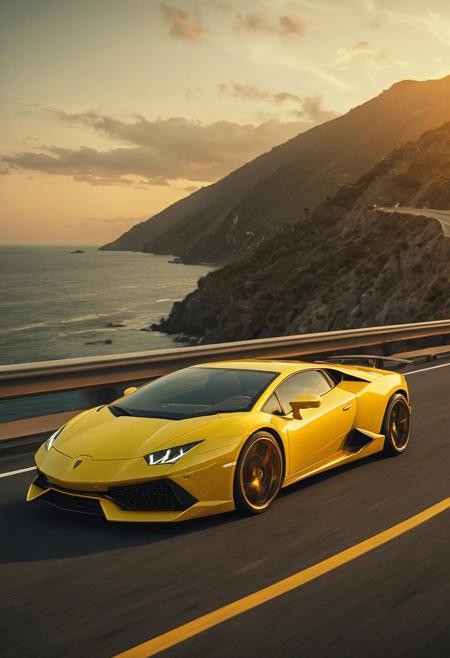 A bright yellow Lamborghini sports car with a long sleek design speeding along a coastal highway at sunset, motion blur effect on the background to emphasize speed, muted brown and gray tones in the environment, subtle transparent green and red trading charts and financial graphs overlaid softly, conveying luxury, wealth, and dynamic elite business lifestyle, realistic lighting, cinematic atmosphere, highly detailed, photorealistic