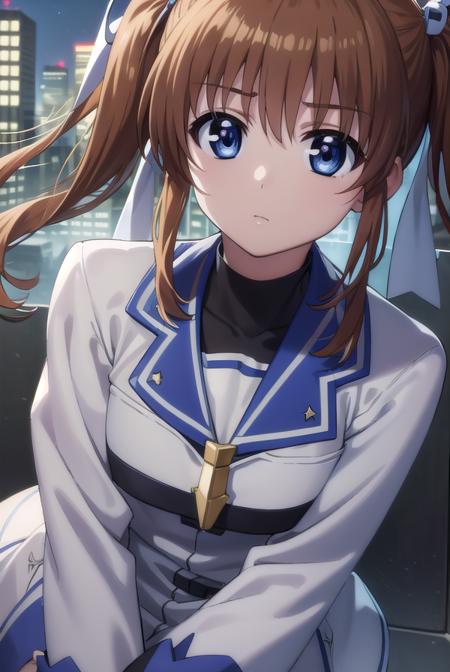 nanoha takamachi, takamachi nanoha, brown hair, twintails, blue eyes, gloves, long sleeves, wings, fingerless gloves, magical girl, winged footwear, long sleeves, ribbon, school uniform, serafuku, long sleeves, red ribbon, white sailor collar,