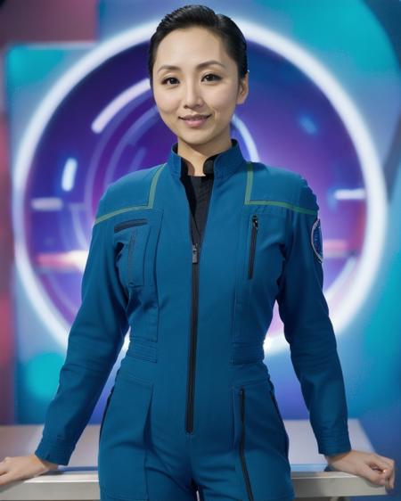 enterpriseuniform female | male fit blue jumpsuit red | yellow | teal piping on shoulders operations | command | sciences division left sleeve patch