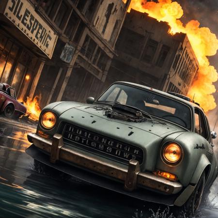 ((detailed dieselpunk  sports cars)), destroyed city after nuclear blast flodded with ((black water:1.2)), post apocalyptic, warzone, fire , smoke
BREAK
(masterpiece, best quality, ultra realistic, 4k, 2k, (intricate, high detail:1.2), film photography, soft focus,
RAW photo, photorealistic, analog style, subsurface scattering, photorealism, absurd res), ((closeup))