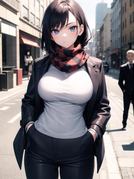 masterpiece,best quality,1girl,hands in pockets,checkered scarf,dress,pants,blue eyes,very large breasts,jacket,closed jacket,red undershirt,city,street,