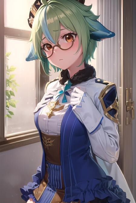 sucrose, <lora:sucrose-lora-nochekaiser:1>,
sucrose, ahoge, animal ears, (brown eyes:1.5), glasses, gradient hair, hair between eyes, messy hair, multicolored hair, semi-rimless eyewear, short hair, green hair, <lora:yudedako_v100:1>, embarrassed,
BREAK frills, fur collar, gem, gloves, green thighhighs, long sleeves, thighhighs, white headwear, zettai ryouiki, skirt, blue skirt,
BREAK indoors, laboratory,
BREAK looking at viewer, (cowboy shot:1.5),
BREAK <lyco:GoodHands-beta2:1>, (masterpiece:1.2), best quality, high resolution, unity 8k wallpaper, (illustration:0.8), (beautiful detailed eyes:1.6), extremely detailed face, perfect lighting, extremely detailed CG, (perfect hands, perfect anatomy),