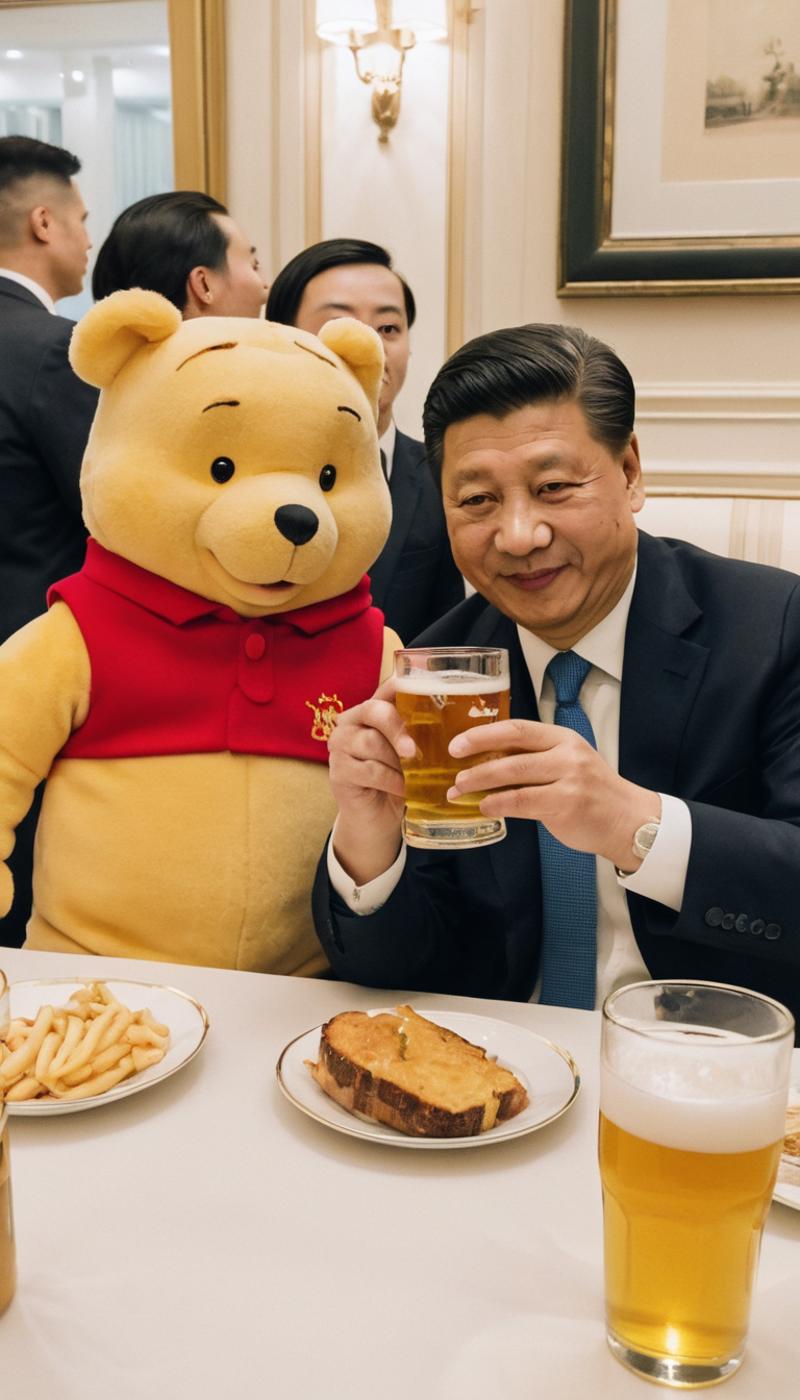 A man holding a glass of beer next to a giant stuffed bear.