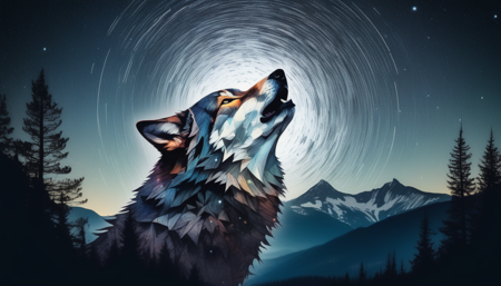 surreal double exposure portrait of a beautiful howling wolve in dark mountain forest scenery against star trail starry night, by Dave White, Conrad Roset, Brandon Kidwell, Andreas Lie, Dan Mountford, Agnes Cecile, triadic colours, thick opaque strokes, accurate depth of field, hyper detailed, whimsical, dynamic, dreamy masterwork