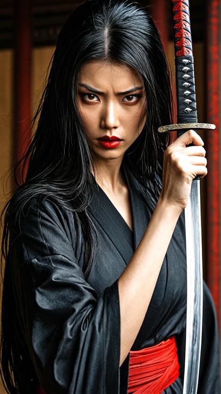 A fierce woman warrior holding a katana, long flowing black hair, intense gaze, dramatic shadows, sleek black robe with red belt, hyperrealistic textures, sharp facial features, cinematic lighting, samurai-inspired style, dynamic pose, high detail, 
 <lora:MJ52_v2.0:0.8>