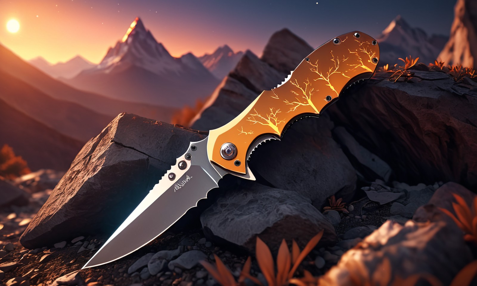 Thick layered papercut art of Semi-Abstract knife, folding knife implanted into ground, shining object, Amber sky, distant...
