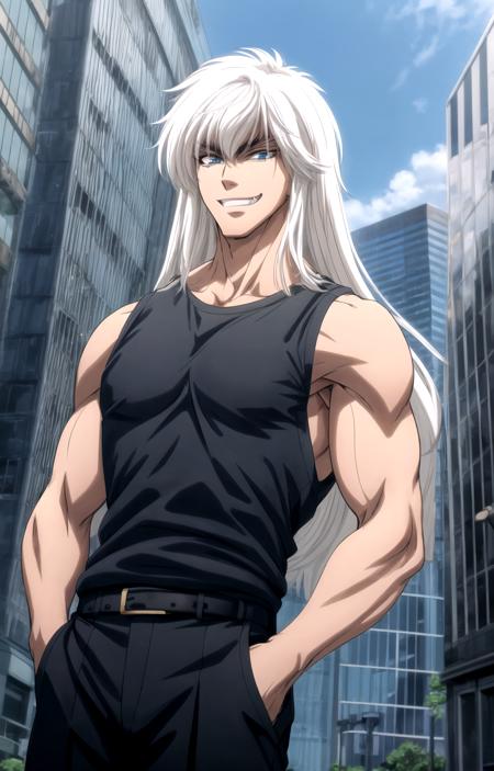 dark schneider long white hair, muscular male