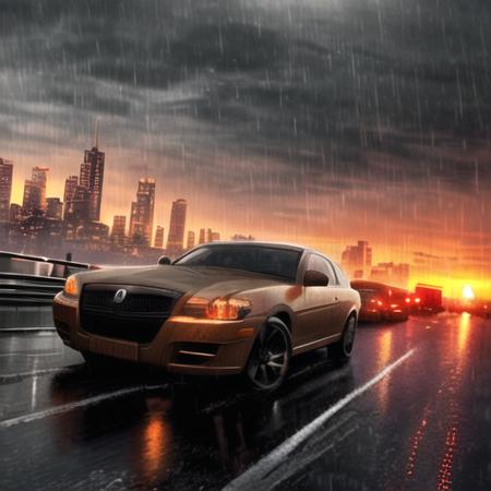 elegant car, sunset, city background, apocalypse, rain, thunder, steampunk, rtx, raytracing