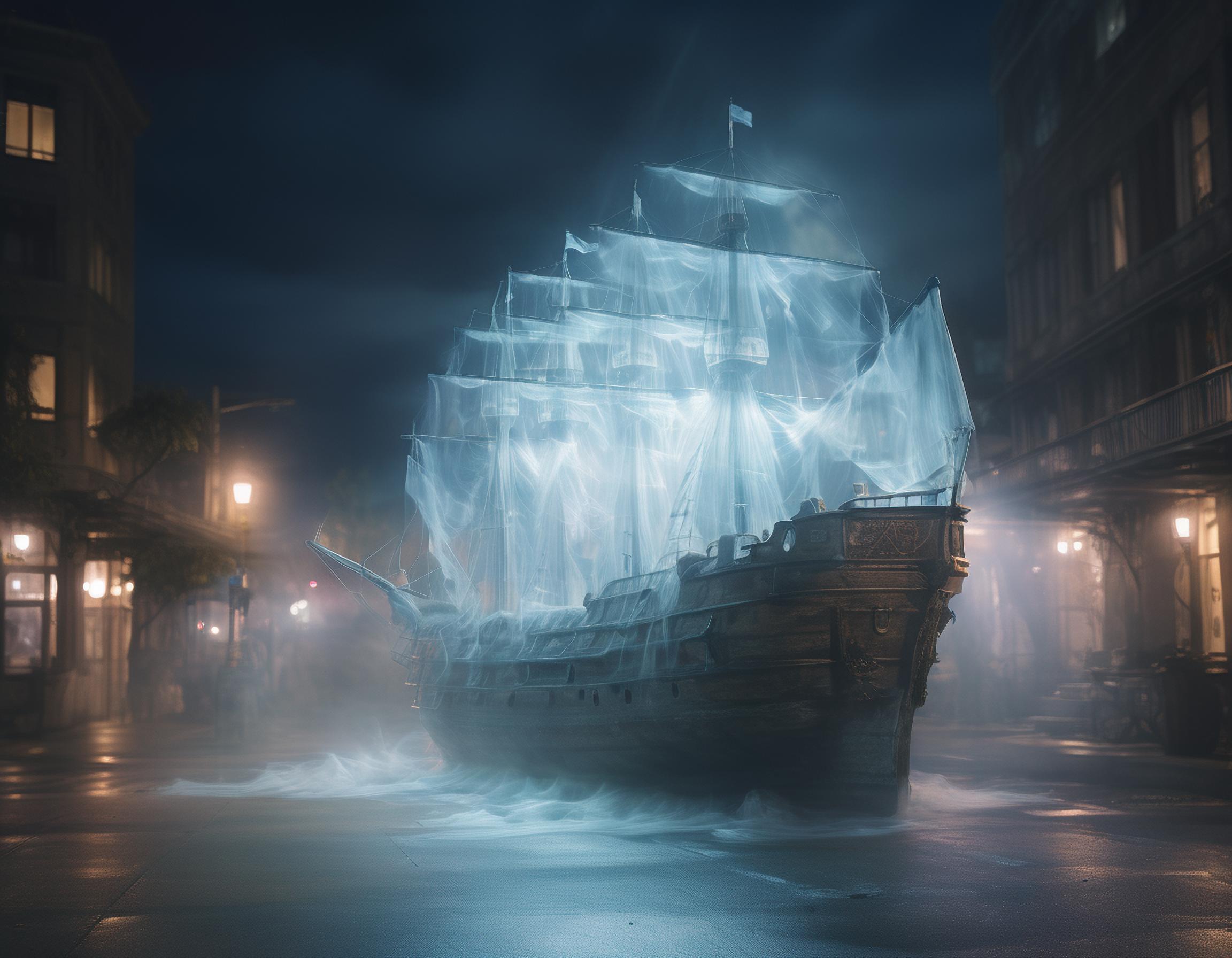 A hauntingly beautiful scene of a ghostly sailboat floating in a dark, stormy night on a city street.