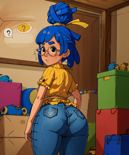 May, blue hair,dreadlocks, hair bun,  black eyes, glasses, wooden body,  standing, rear view,  eyebrow raised, curious, 
toy room,  large room,  large toys,  tiny body,  !?,  question mark bubble,  speech bubble, 
(insanely detailed, beautiful detailed face, masterpiece, best quality),  <lora:May-10:0.7>