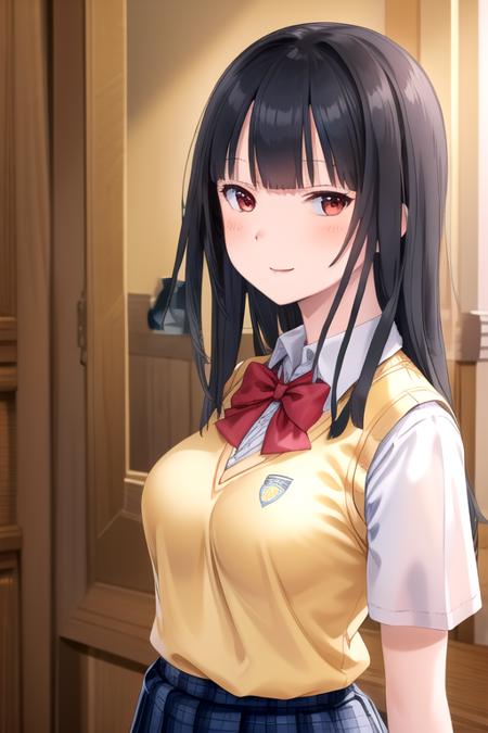 ((masterpiece)),(best quality),official art,extremely detailed CG,unity 8k wallpaper,ultra detailed,beautiful detailed eyes,extremely detailed face,1girl,solo,upper body,(portrait:1.5),looking at viewer,facing viewer,smile,Himemiya Tsubaki(hswk),black hair,long hair,red eyes,sidelocks,bangs,school uniform,sweater vest,yellow vest,red bowtie,collared shirt,white shirt,short sleeves,large breasts,blue skirt,plaid skirt,pleated skirt,zettai ryouiki,white thighhighs,loafers,<lora:Himemiya Tsubaki(hswk)>,