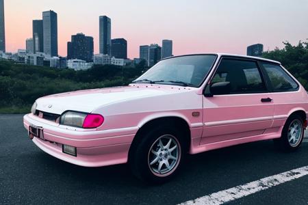 A {white|black|red|blue|pink) car is parked by the road :: pink sunset and city in the background :: 1980 :: Luxyry style :: Hyperdetailed : Ultra realistic :: cinematic :: Neon lighting :: Unreal engine :: RTX --ar 2:3, (VAZ2113),  <lora:VAZ2113:0.8>