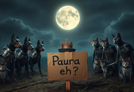 A medieval battlefield under a haunting, full moon is illuminated by eerie moonlight. On one side, five fierce and muscular Dobermans, clad in makeshift medieval armor, stand ready for battle. Opposite them, five nimble and sharp-eyed cats, each adorned with small, yet menacing, armor pieces, crouch in defiance. The atmosphere is tense and charged, with a creepy aura enveloping the scene. In the background, a crown, shimmering in the moonlight, sits atop a pedestal. A rough, hand-painted cardboard sign in the foreground reads “Paura eh?” in jagged, unsettling lettering, adding to the tension of the contest. The entire scene is surreal, blending elements of medieval imagery with an eerie, fantastical vibe.
