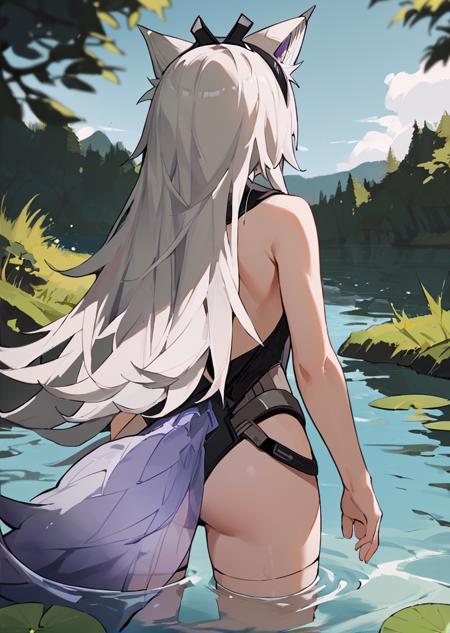 21feralscent, white hair, wolf ears, long hair, black hairband, grey eyes, heterochromia, black leotard, black collar, black sleeves, spiked armlet, hip straps, black thighhighs 21misc claw \(weapon\), purple lightning