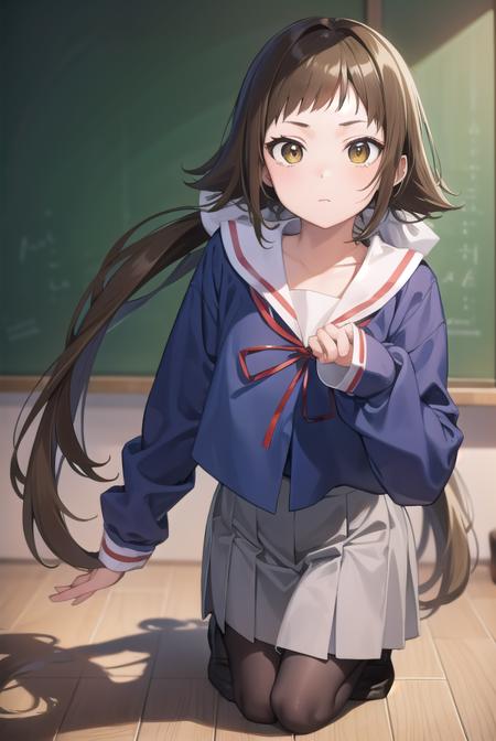 mashiromitsumine, <lyco:mashiromitsumine-lyco-nochekaiser:1>,
mashiro mitsumine, (brown eyes:1.5), brown hair, ponytail, (flat chest:1.2),
BREAK grey skirt, long sleeves, neck ribbon, red ribbon, ribbon, sailor collar, school uniform, skirt, white sailor collar, (blue shirt:1.5),
BREAK looking at viewer, full body,
BREAK indoors, classroom,
BREAK <lyco:GoodHands-beta2:1>, (masterpiece:1.2), best quality, high resolution, unity 8k wallpaper, (illustration:0.8), (beautiful detailed eyes:1.6), extremely detailed face, perfect lighting, extremely detailed CG, (perfect hands, perfect anatomy),