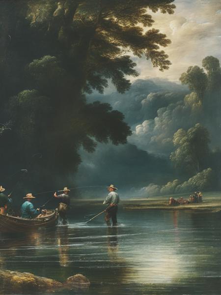 <lyco:JohnConstable:1.0> a man fishing with his friends in the water, in the style of dark green and bronze, ultrafine detail, stains/washes, mysterious backdrops, marbleized, 35mm film, john constable