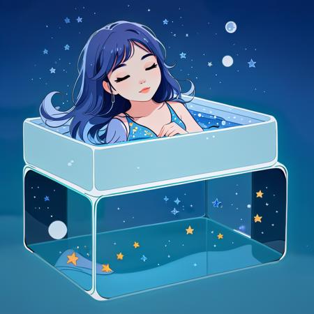 a pretty 1girl neko sleeps on a glass bed in which fish and stars swim, cold colors, stylized, simple background, cutestickers, (sticker:1.5), art, (big fat stroke:1.2), detailed, ohwx style