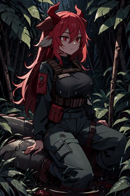 <lora:Sinder__Character_LoRA_Artist__Kanel:1>, Sinder, red hair, long hair, red horns, animal ears, red eyes, dragon tail, gray skin:0.9, large breasts, black sweater, black cargo pants, bulletproof vest, tactical vest, forest, night, on knees, expressionless, raining, jungle, looking away, wet, leaves, mud