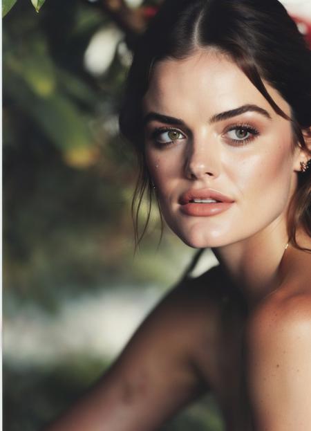 lora:lucy_hale ,Close-up, A tropical paradise where the sun shines brightly every day norman rockwell,Fenghua Zhong, art by (luis royo:1.1)(skin details:1.3),(skin pores:1.3) fujifilm colored
 <lora:lucy_hale-000007:0.9>