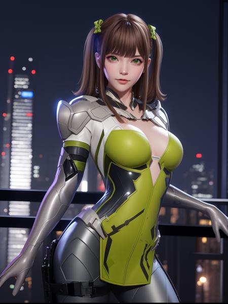 CFqingyaLHWZ, 1girl, solo, brown hair, green eyes, breasts, bodysuit,looking at viewer, lips, medium breasts, twintails, bangs,thigh holster,hair bow, <lora:CFqingyaLHWZ:0.75>,cityscape, night, mature female,