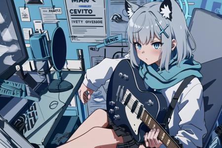 <lora:Overdose:0.8>, overdose, 1girl, solo, holding, sitting, chair, instrument, microphone, guitar, cable, computer, monitor, holding instrument, electric guitar, poster (object), keyboard (computer), mouse (computer), amplifier, shiroko (blue archive), school uniform, scarf, necktie, <lora:sunaookamiShiroko_v1:0.8>, halo, upper body