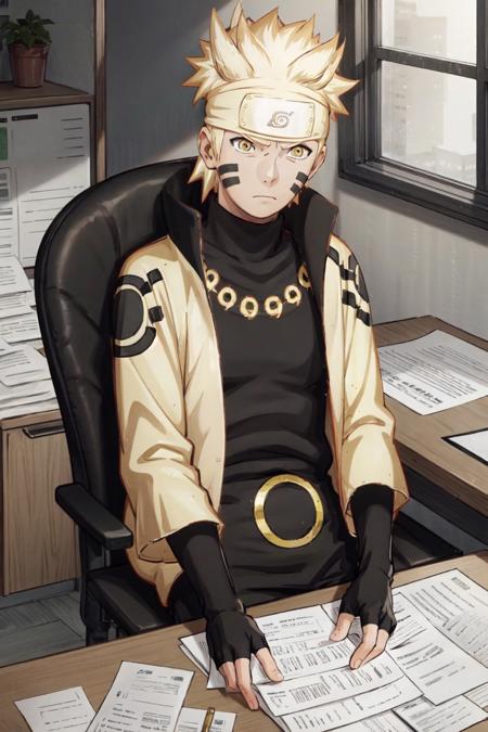 <lora:Naruto_SixPaths:0.95>, Naruto, 1boy, black bodysuit, tomoe \(symbol\), yellow eyes, symbol-shape pupils, gold hair, headband, golden jacket, facial mark, high collar, fingerless gloves, bored, tired, sleepy, sitting, office chair, table, papers, paperwork, bags under eyes, day, windows, indoors