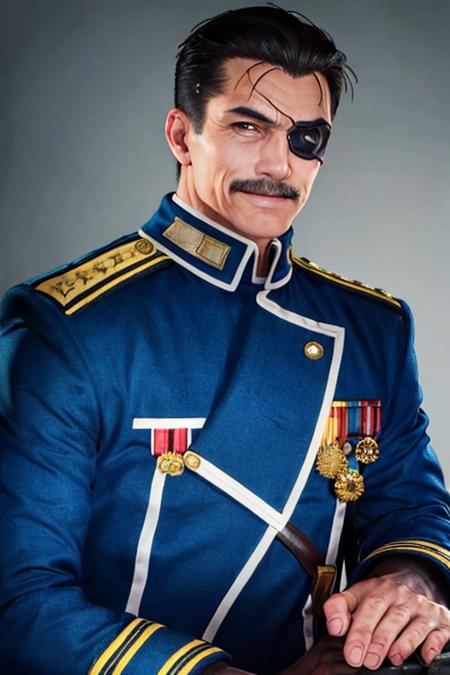 realistic, 1boy, <lora:Chara_king_bradley:0.9>, military uniform, blue coat, eyepatch, smile