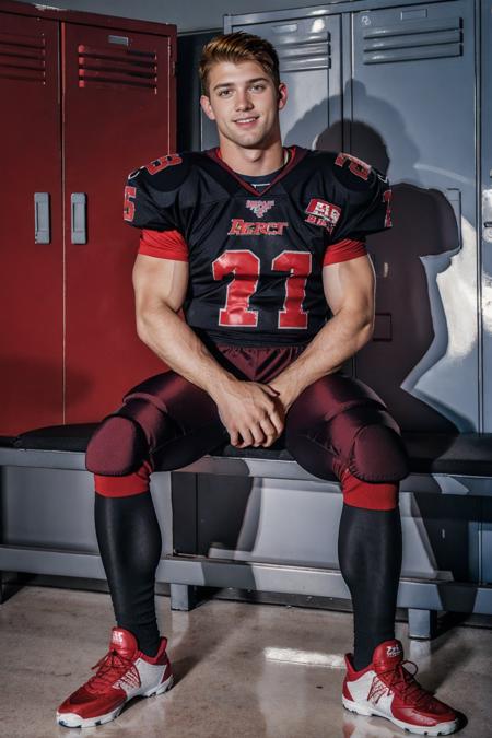 In an American football locker room, (sitting on a locker room bench), gray lockers, legs spread open, TommyRegan is a muscular (American football player) wearing (((red color jersey))), ((shoulder pads)), ((jersey number 11)), (((black football pants and pads))), ((red socks)), (long socks), (black sneakers), slight smile, highly detailed, sharp focus, high skin detail, photorealistic, masterpiece, (((full body portrait))), (full body), wide angle, (high face detail), (even lighting),   <lora:SebastianKross:0.55>