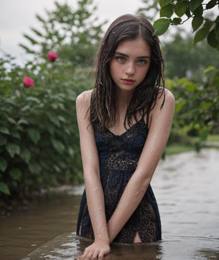 RAW Photograph,lens flare,dslr,soft lighting,high quality,film grain,Fujifilm XT3,insane details,masterpiece,8k,35mm photograph,dslr,kodachrome,vignette,vintage,Kodachrome,Lomography,stained,highly detailed,found footage,the background are black roses,rain,1girl,(22 years old, young:1.1),freckles,innocent,pale,sweaty,detailed skins,(black legwear:1.1),pouting,blue eyes,pink rouge,wet hair,hazy,
<lora:picxer_real:0.5>,sundress,