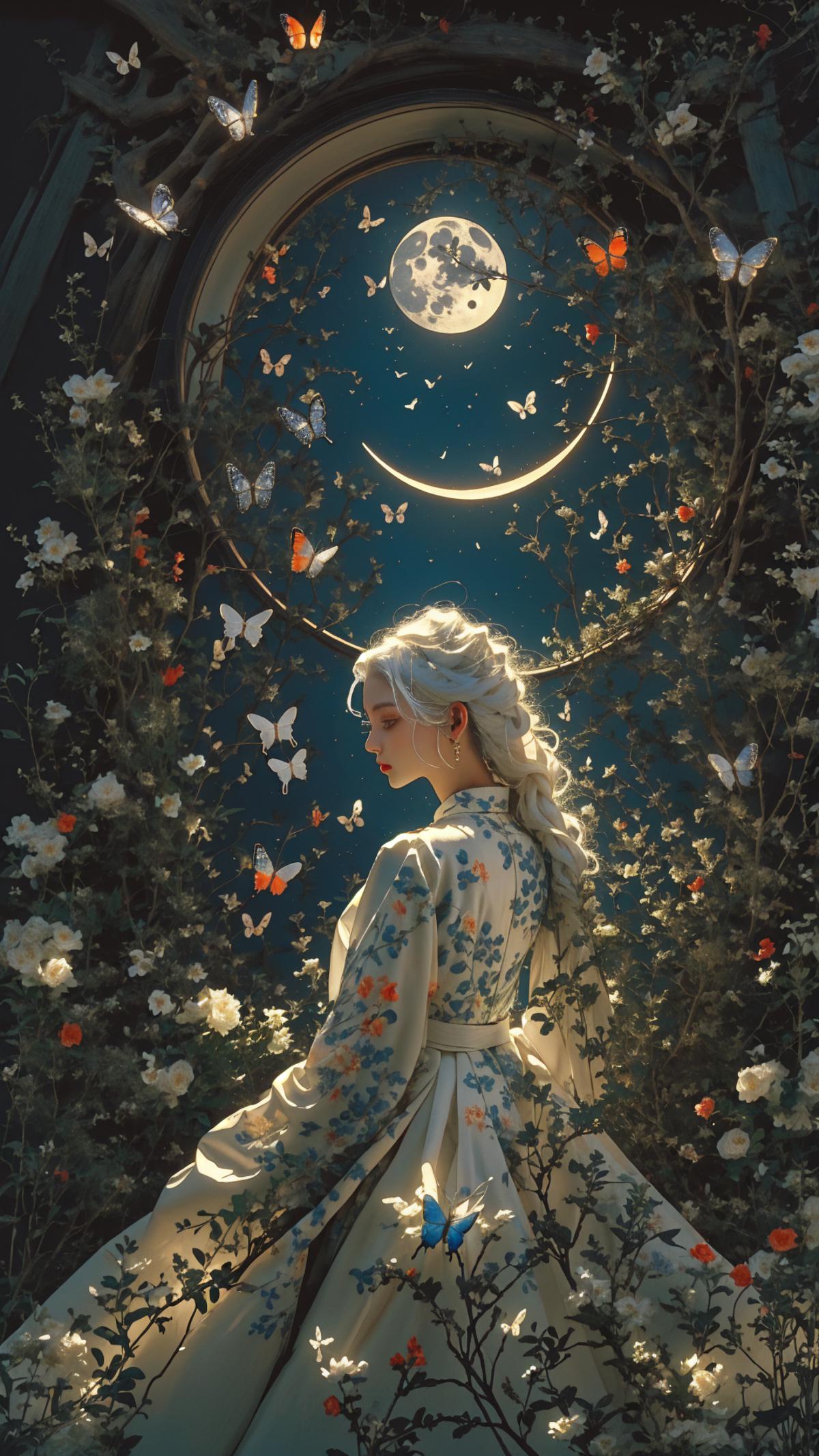 A beautiful woman with blonde hair and a flowery dress is surrounded by butterflies and flowers.