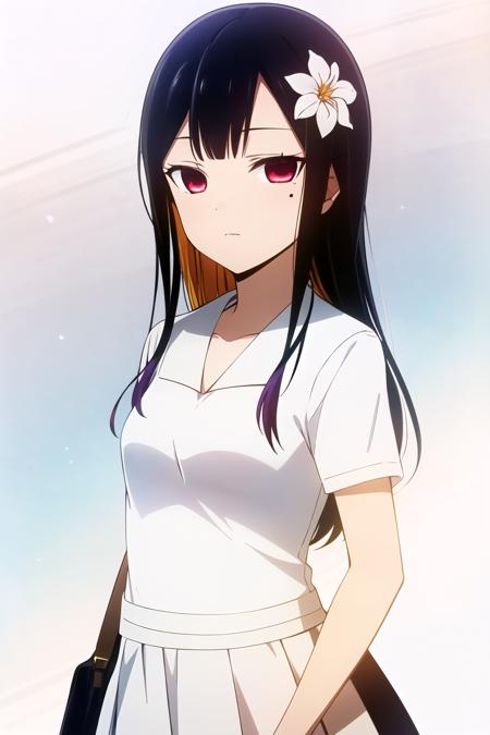 (high quality, high resolution:1.3), 4k, masterpiece,
BREAK
<lora:Kaguya_Style:1>, 1girl, upper body, long hair, school uniform, white shirt, skirt, hair flower, flower, white flower, red eyes, black hair, detailed face, breasts, small breasts, eyelashes, mole under eye, multicolored hair, purple hair,<lora:NoiseOffset_v2:1.0><lora:NoiseOffset_v2:1.0>