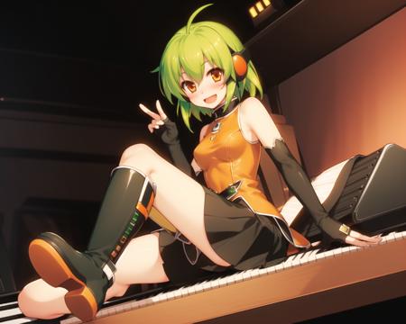 <lora:flchanv1:0.8>, (flchan, 1girl, solo, green hair, gloves, fingerless gloves, boots, short hair, ahoge, elbow gloves, sitting, open mouth, smile, orange eyes, skirt, headset, knee boots, blush, black gloves, piano skirt)