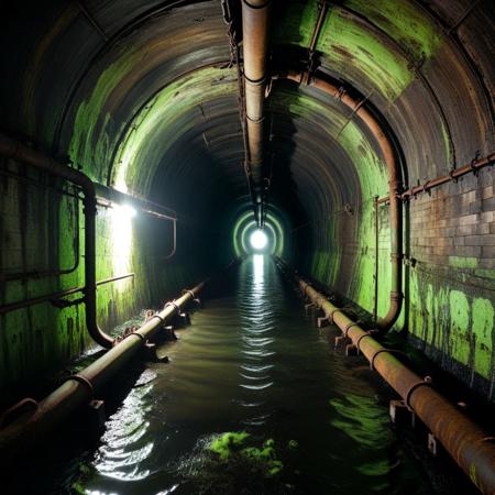 a narrow sewer tunnel stretching into darkness, damp brick walls coated in green slime, rusted pipes weaving along the ceiling, ankle-deep water reflecting faint industrial light, a shadow barely visible at the vanishing point, tunnel, reflection, creepy, dark, dirty