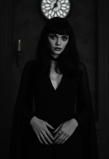 diana penty as nsfw indian morticia addams. 1940s noir style. in a gothic mansion. shot by james whale