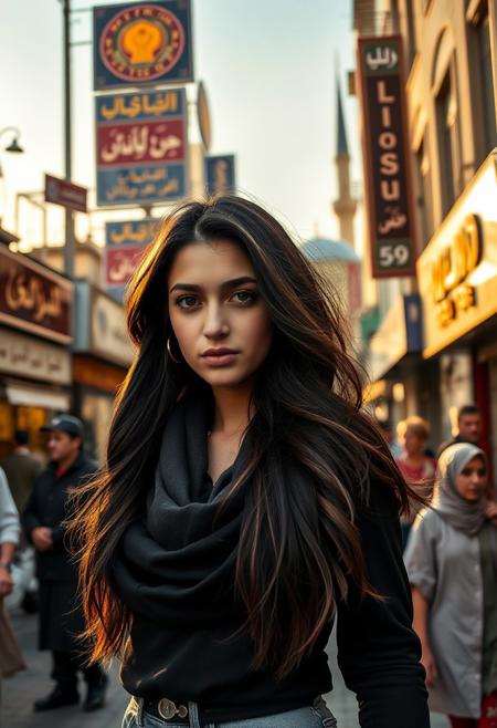 The young woman stands defiantly in the middle of a bustling street, her beauty radiant. As she pulls off her hijab, her long, dark hair flows in the breeze, reflecting the sunlight. Her striking features—high cheekbones, full lips, and deep brown eyes—capture both strength and vulnerability. Persian and Arabic shop signs line the street, their elegant script glowing under the fading sunlight. The silhouette of a mosque rises in the background, its minaret casting a long shadow over the scene. Onlookers watch, some with awe, others with fear, as the morality police close in. The sound of distant calls to prayer blend with the hum of the city, but all eyes are on her, a symbol of freedom against repression.