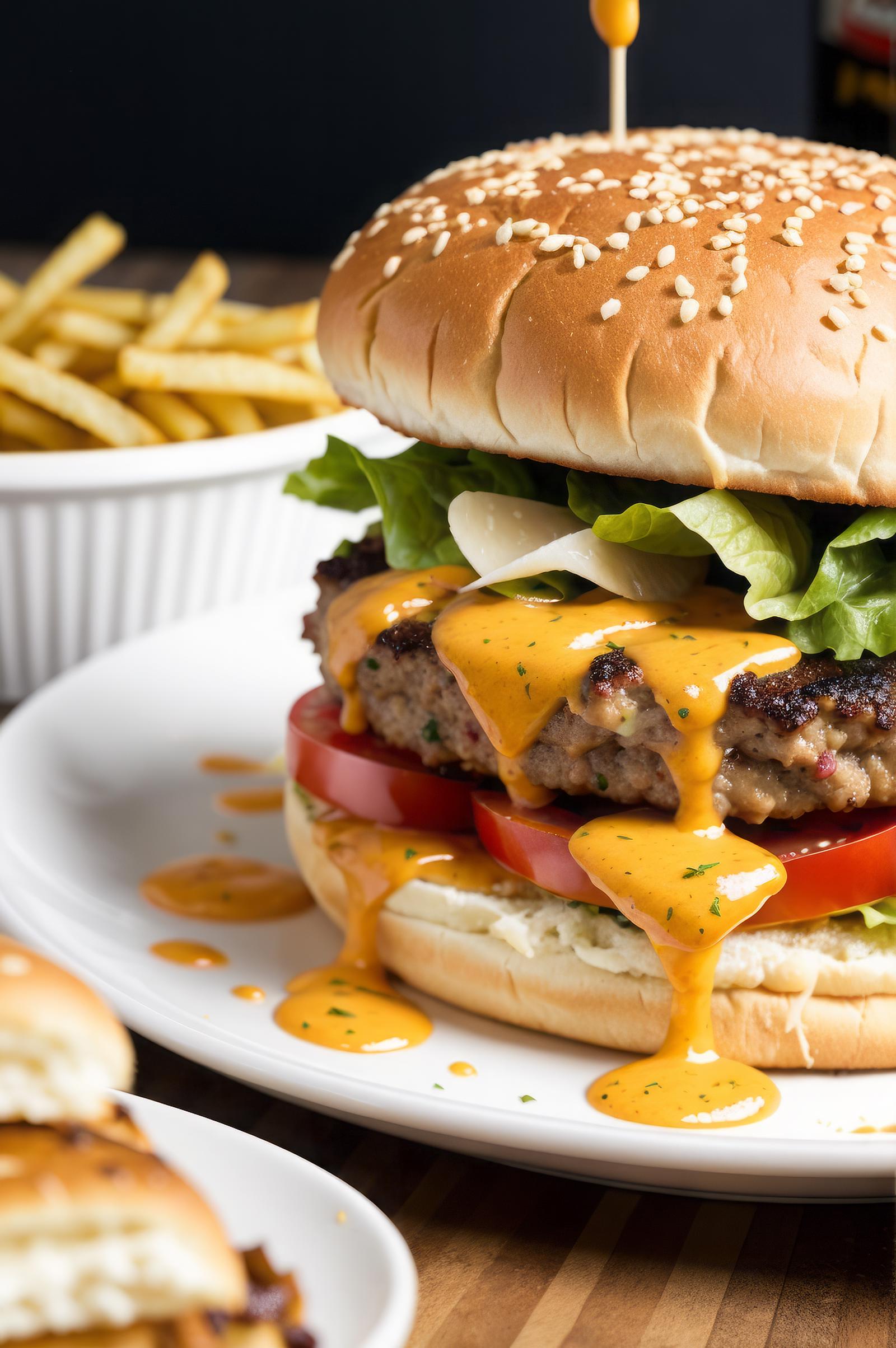 A Delicious Hamburger with Ketchup and Mayonnaise on a Bread Roll and French Fries on the Side.