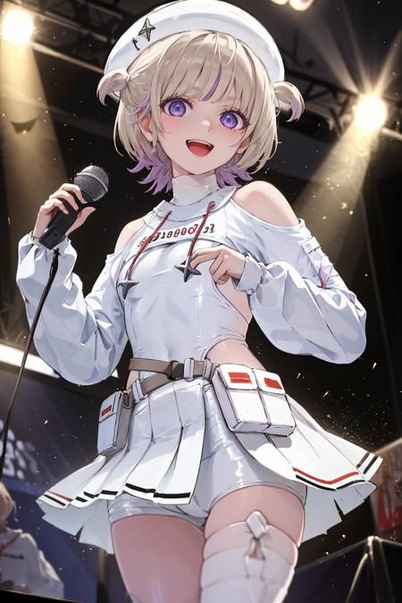 masterpiece, best quality, absurdres, HajimeRegloss, white hat, white dress, shrug \(clothing\), shoulder cutout, pouch, single thighhigh, on stage, smile, :d, holding microphone, showlights, audience, <lora:TodorokiHajime:1>