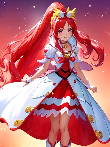 cure ace hair ribbon, red skirt, white jacket, wrist cuffs, heart brooch, kee boots, high ponytail